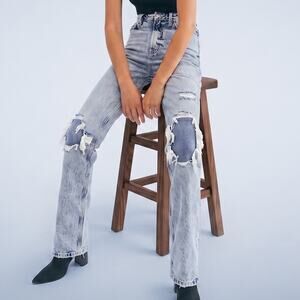 Free People My Own Lane High Rise Distressed Straight Leg Acid Wash Jeans 28